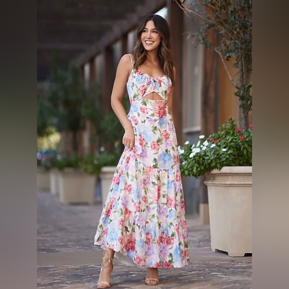 Express - Floral Tie Front Ruffle Tiered Maxi Dress - Size XXS